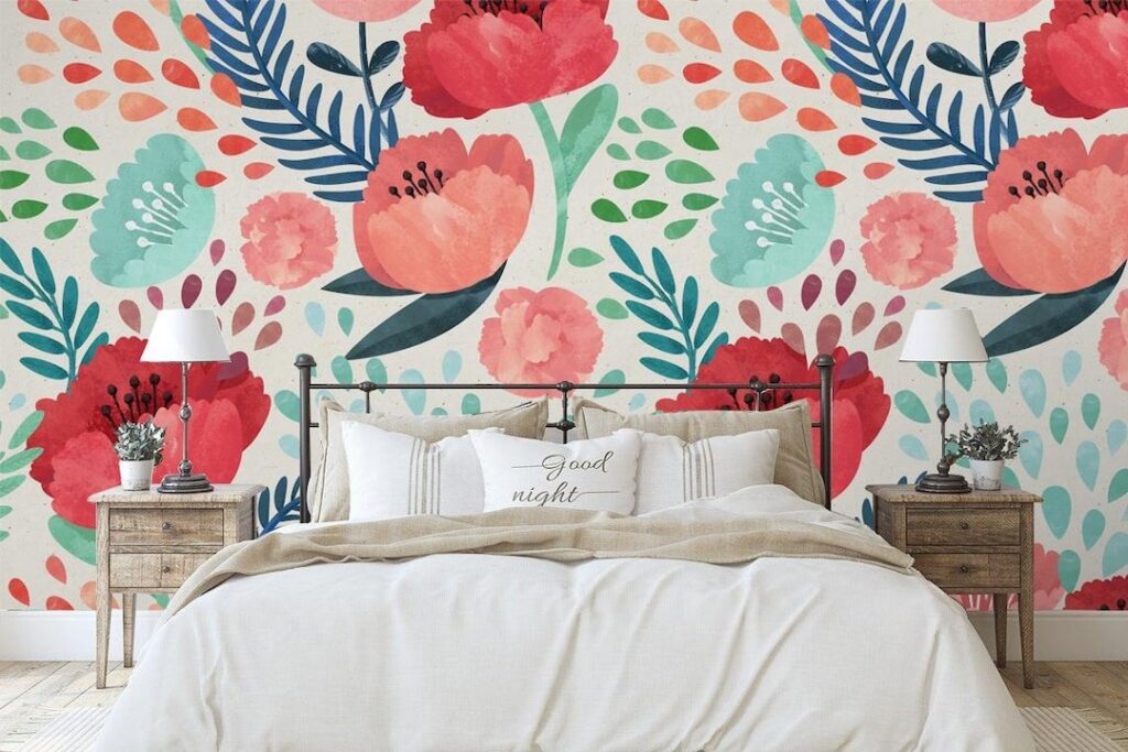bedroom wallpaper decor with watercolor floral peel and stick paper behind a bed