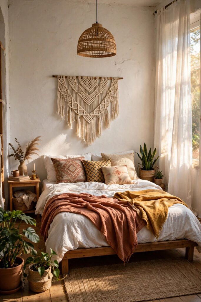 Boho bedroom decor with a low wooden bed, layered terracotta textiles, macrame wall hanging and rattan light