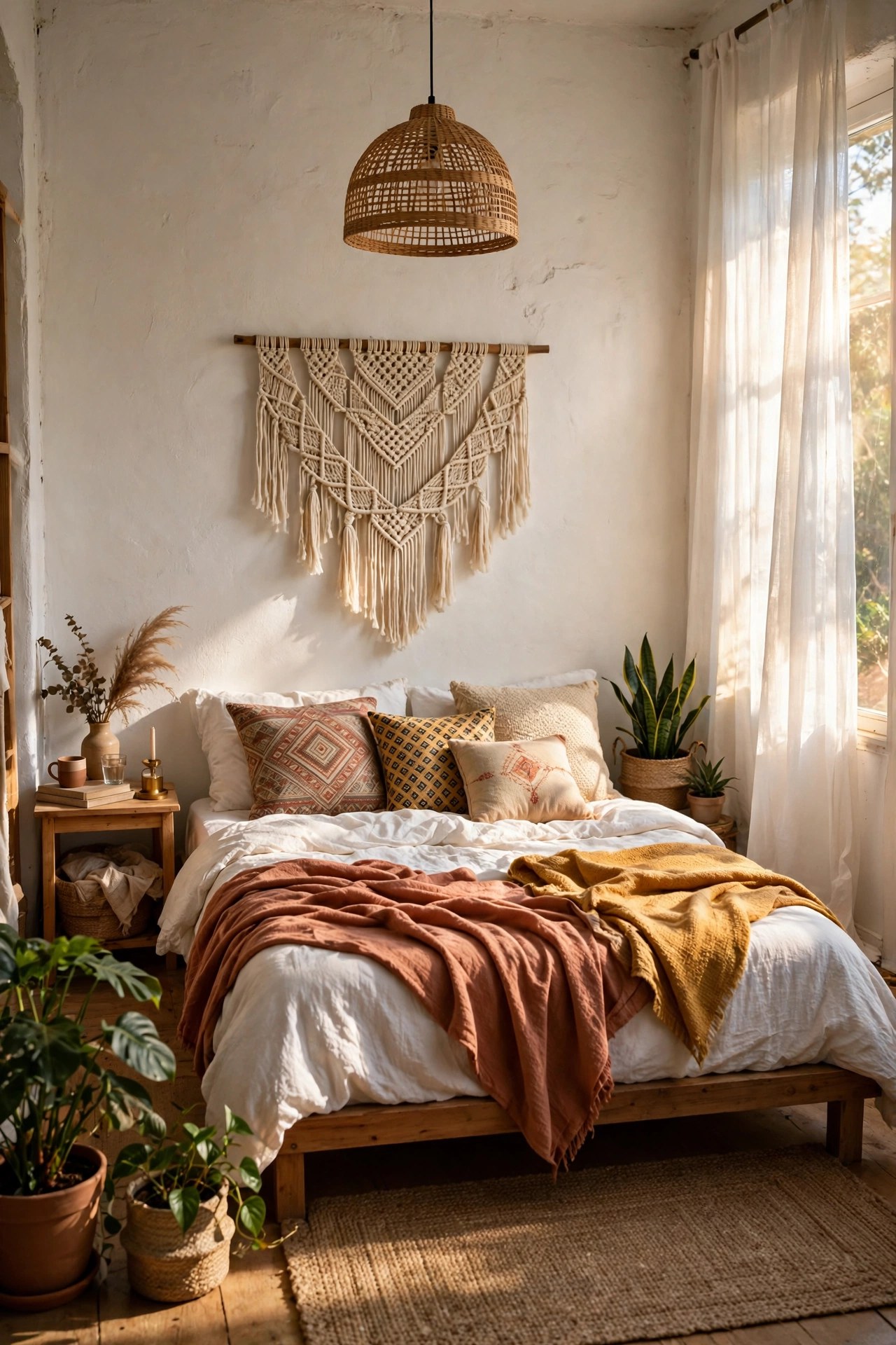 Boho bedroom decor with a low wooden bed, layered terracotta textiles, macrame wall hanging and rattan light