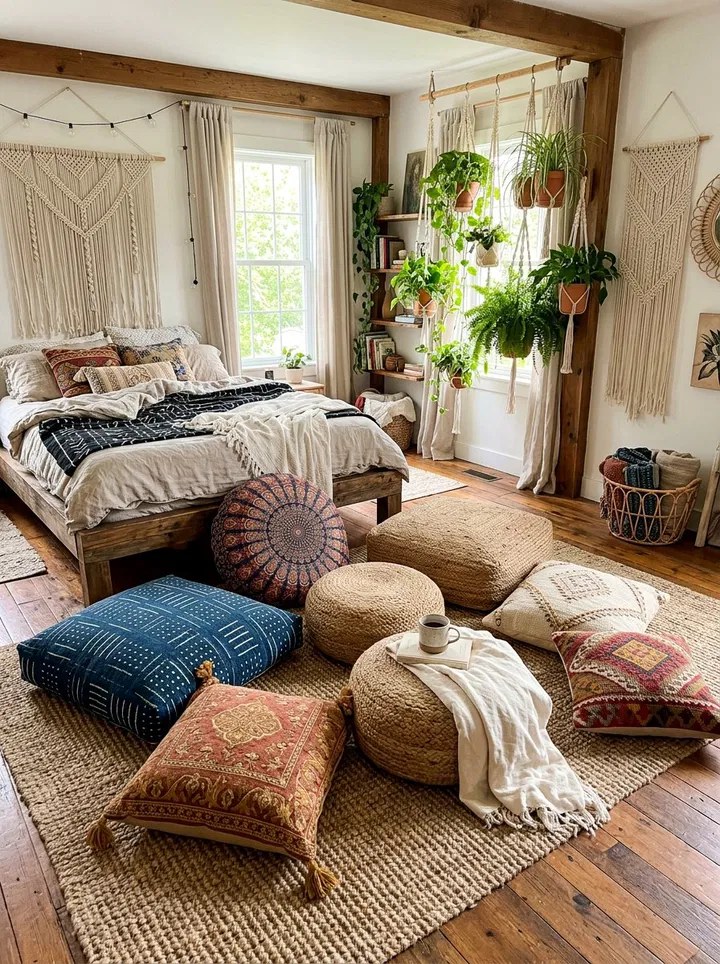 Boho bedroom floor cushions and layered rugs creating a cozy low seating corner