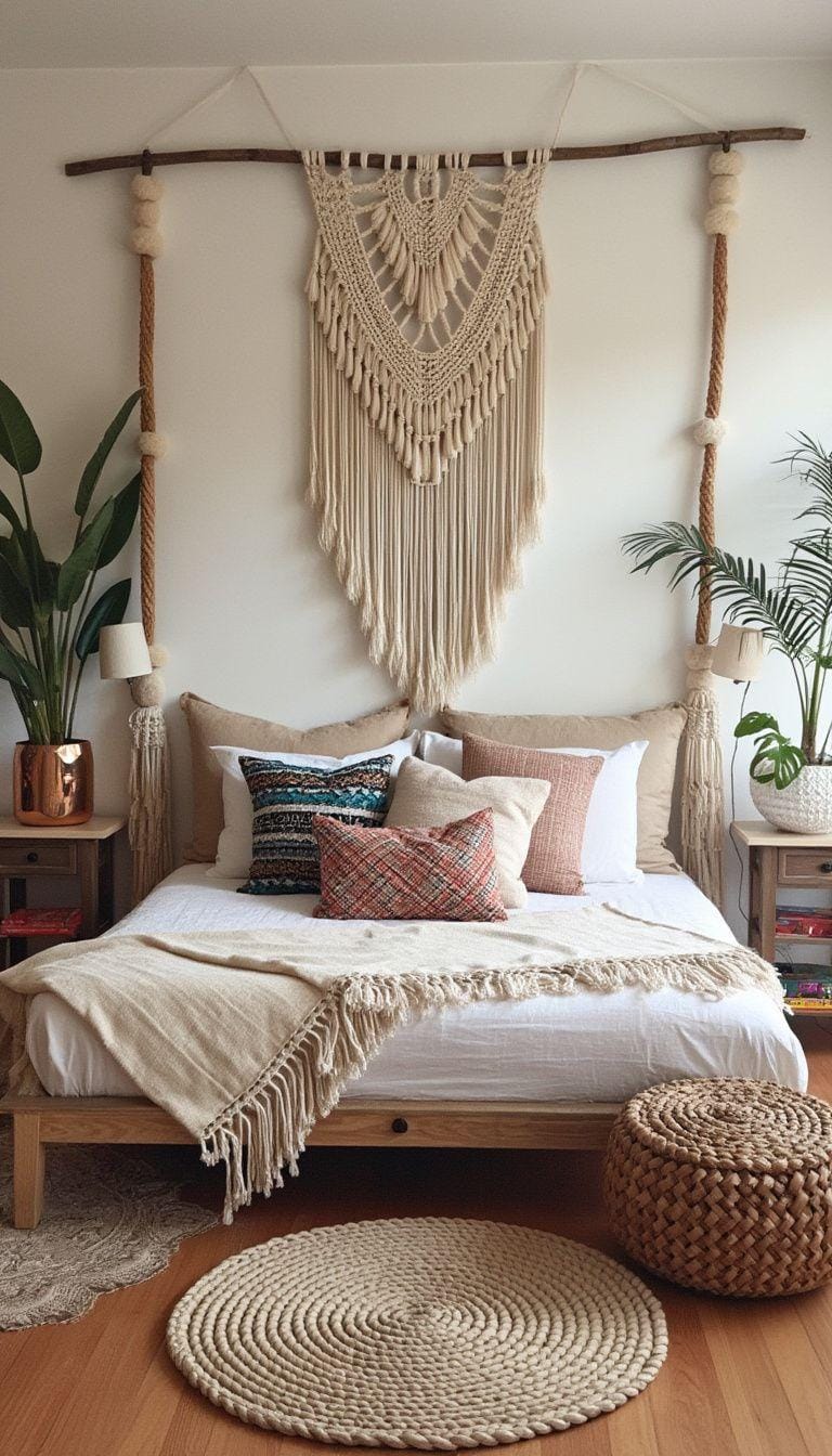 Boho bedroom decor detail: macrame wall hangings layered with woven rugs and patterned pillows