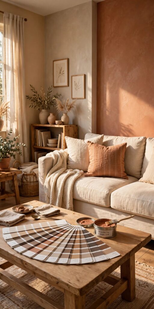 cozy paint colors in a warm greige living room with a terracotta accent wall and swatches on the table