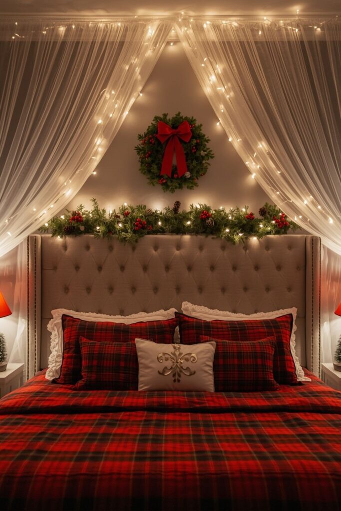 decorate bedroom christmas style with cozy bedding, garland and warm fairy lights