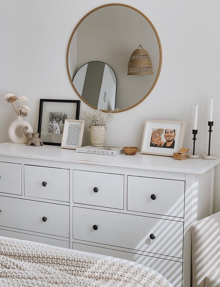 decorating a bedroom dresser with a tray, mirror and styled vignette
