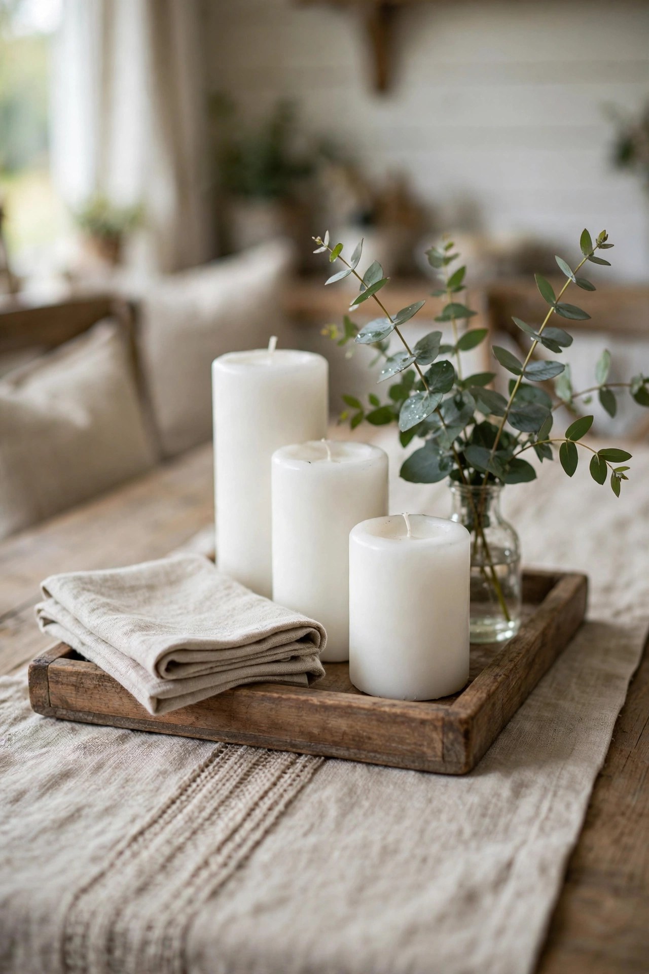 Farmhouse dining table decor with a wooden tray, white pillar candles and eucalyptus
