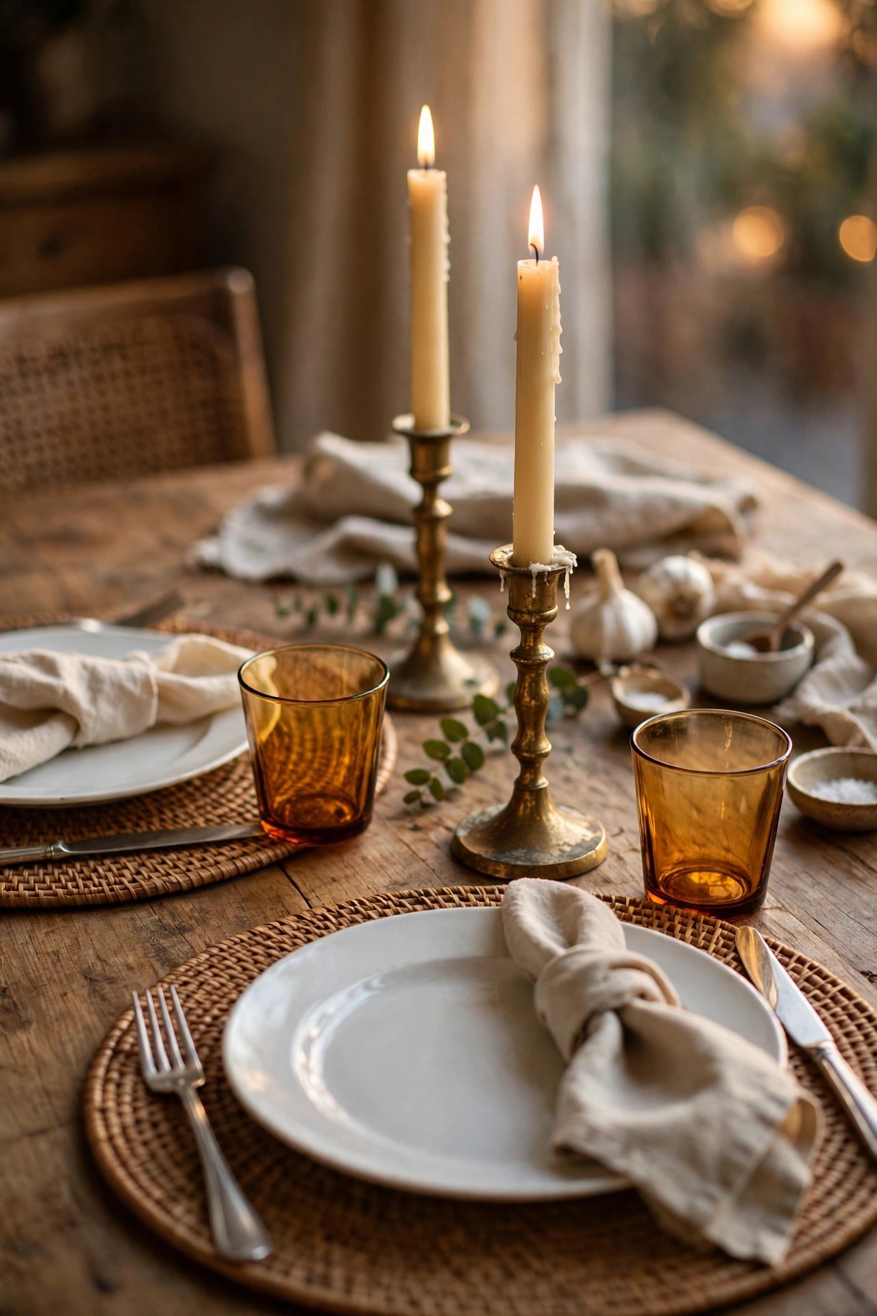 Everyday dining table decor with thrifted brass candlesticks, rattan placemats and amber glasses