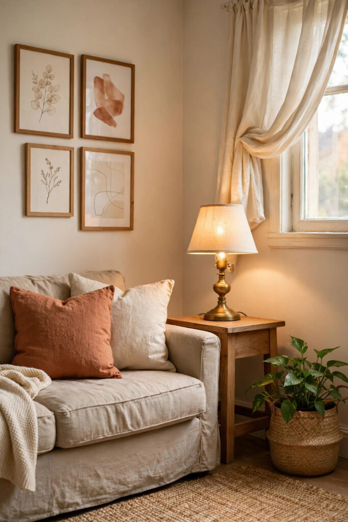 Budget living room styled with economy home decor - thrifted sofa, terracotta cushions, brass lamp and gallery wall
