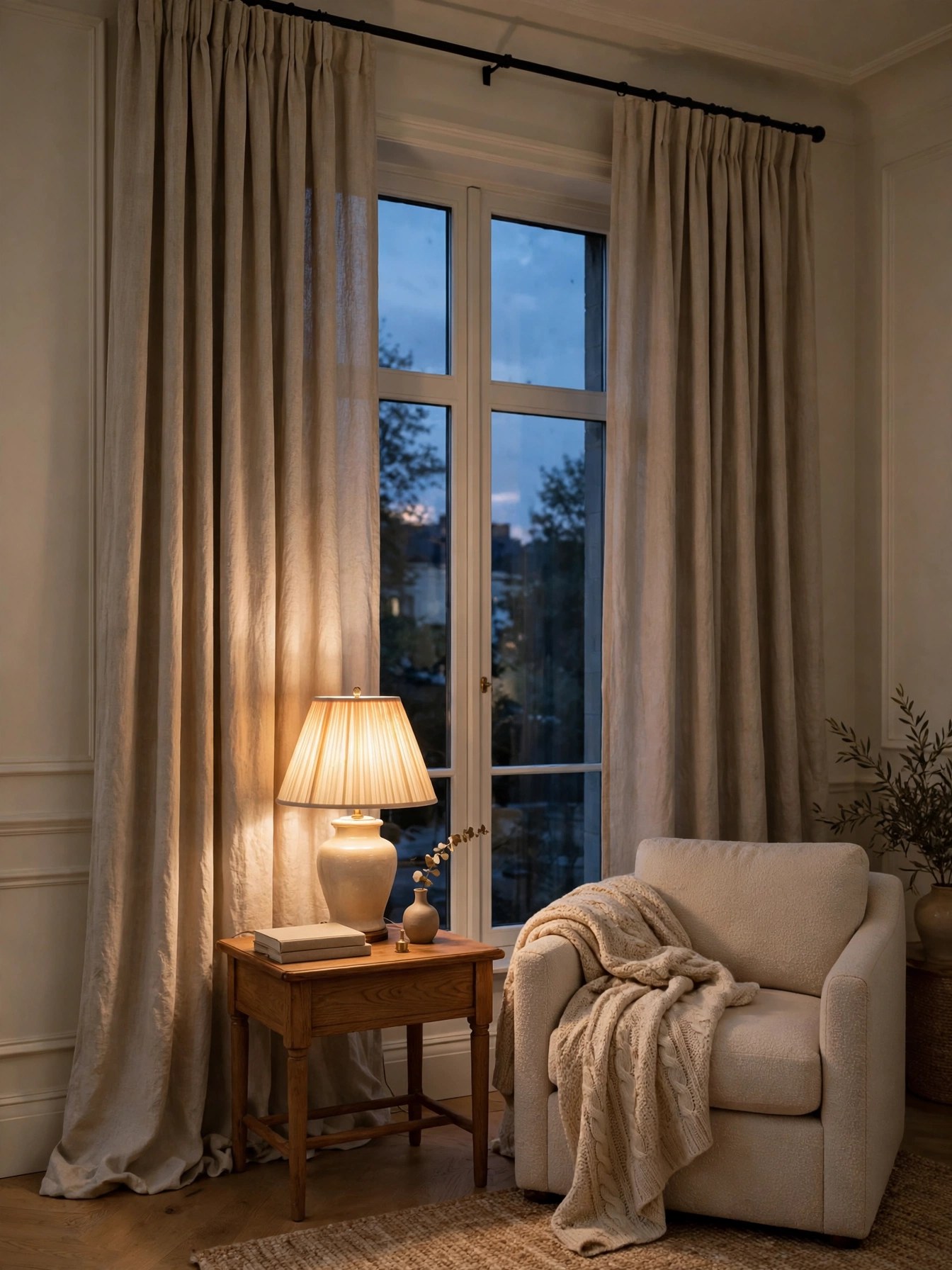 Tall linen curtains hung high and wide with warm layered lamp light - an easy way to make a house look expensive