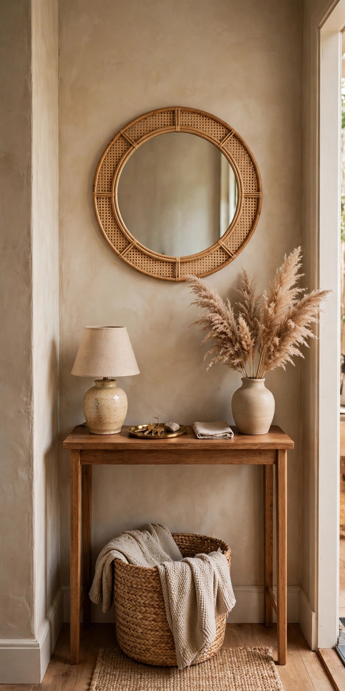 Budget entryway styling with a console table, round mirror and woven basket that looks expensive