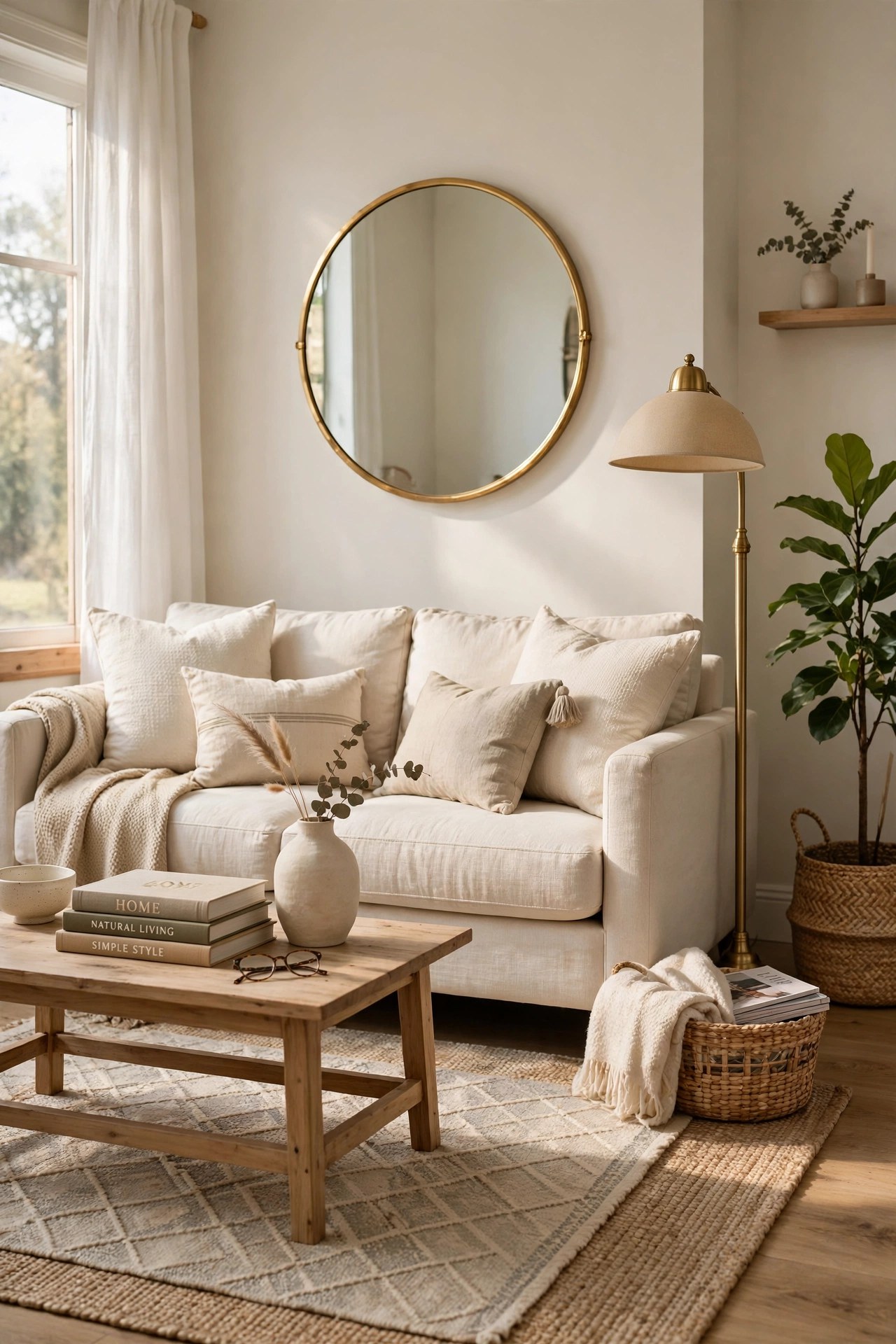 How to make your house look expensive on a budget: a styled living room with a cream sofa, gold mirror, brass lamp and layered textiles