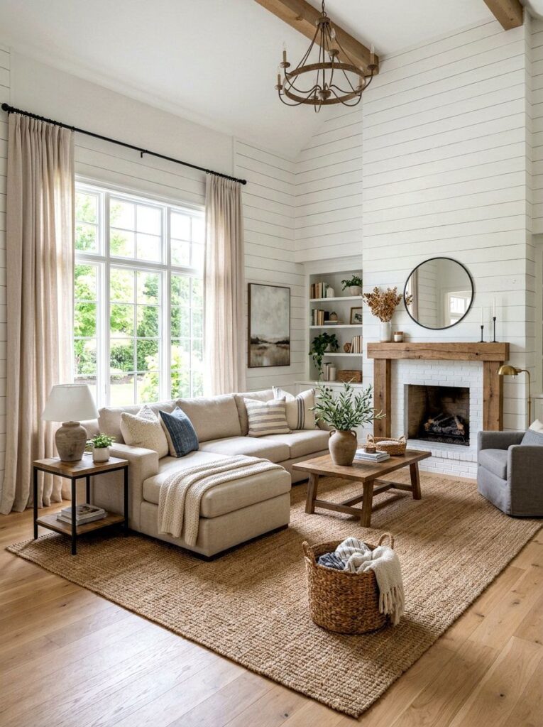 farmhouse decor on a budget with a white shiplap wall and neutral textiles
