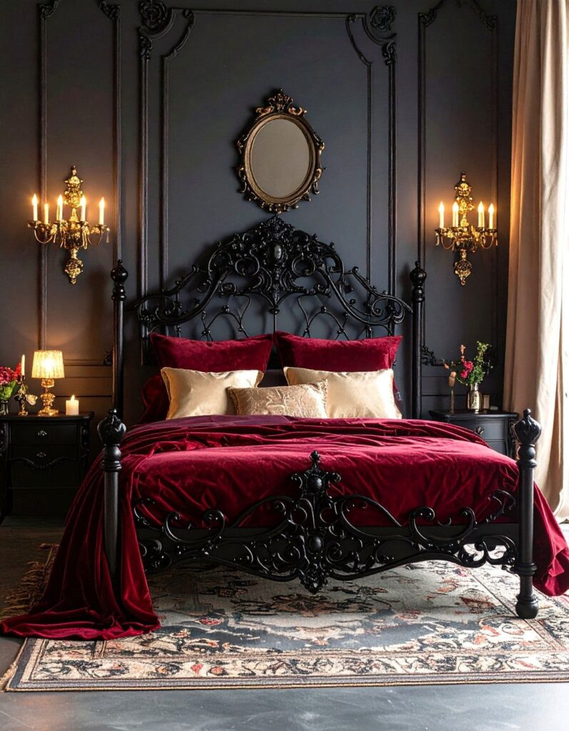 gothic bedroom decor with dark walls, velvet bedding and romantic candlelight