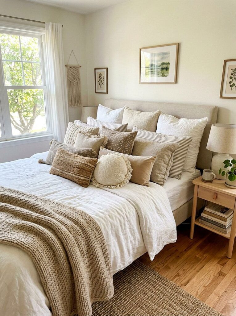 how to decorate your bedroom starting with a layered, styled bed in neutral tones