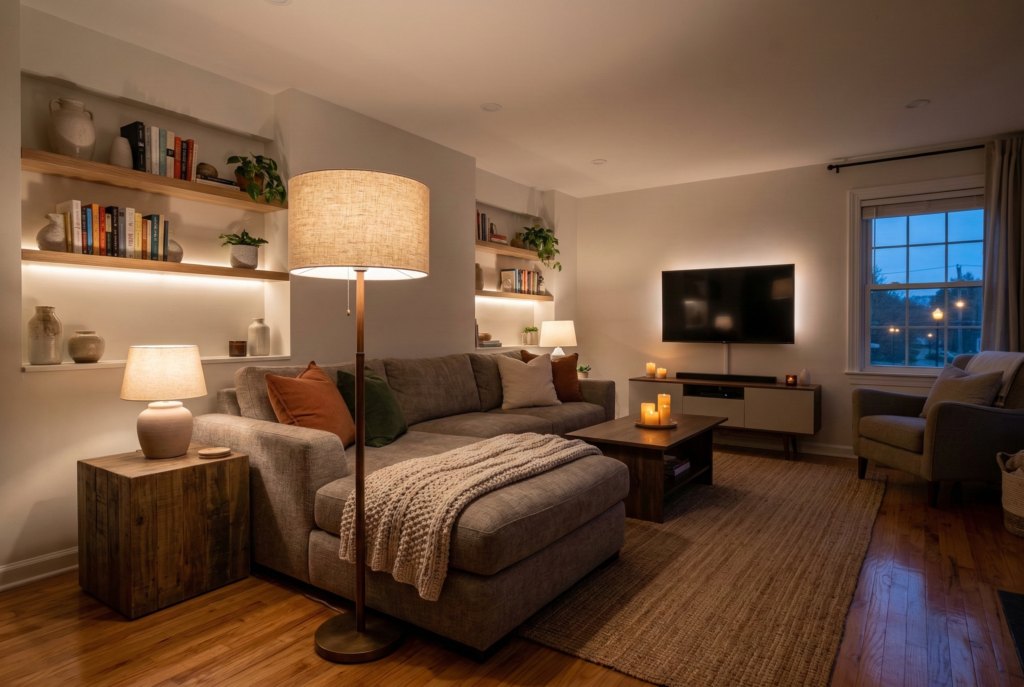 lighting fixtures guide ambient warm light in a layered living room