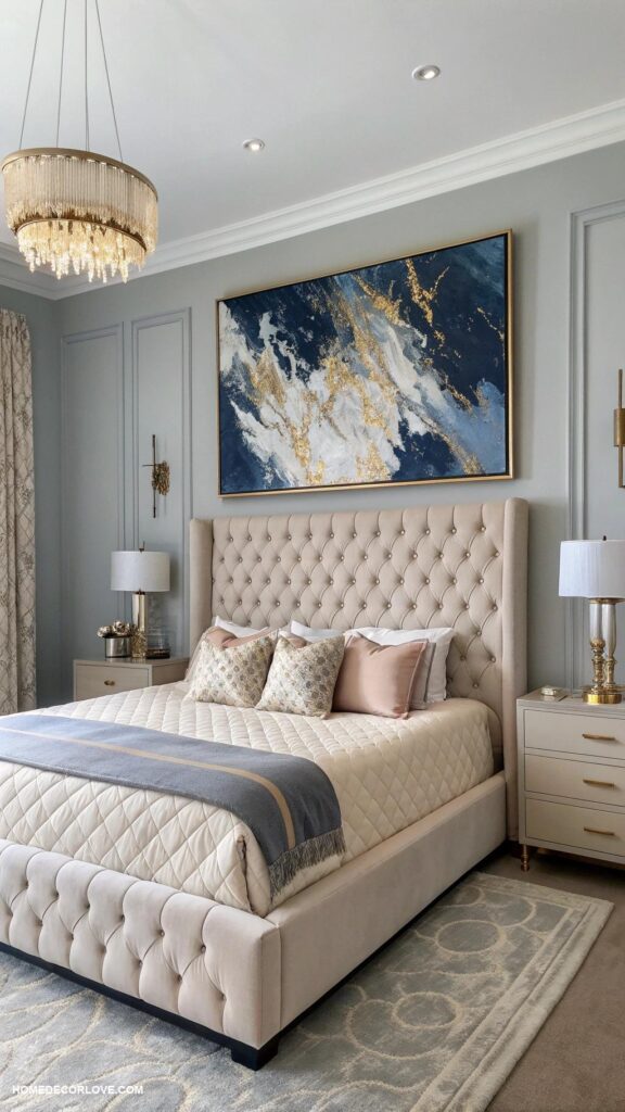 master bedroom wall decor with large statement artwork above the headboard