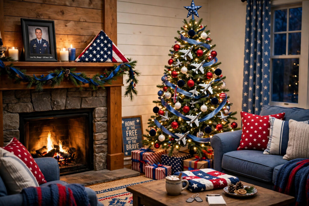Air force christmas decorations: a Christmas tree with red, white and blue ornaments, jet ornaments and a patriotic ribbon garland