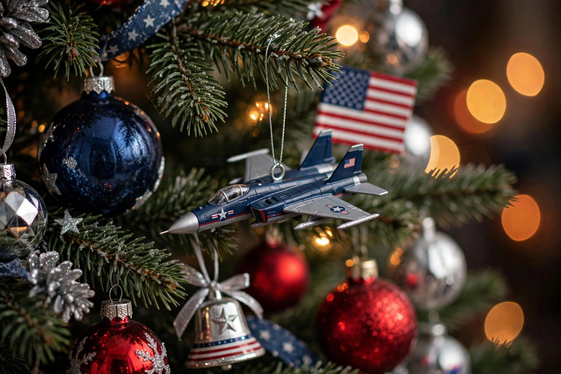 Close-up of air force christmas decorations: navy and red baubles with a fighter jet ornament