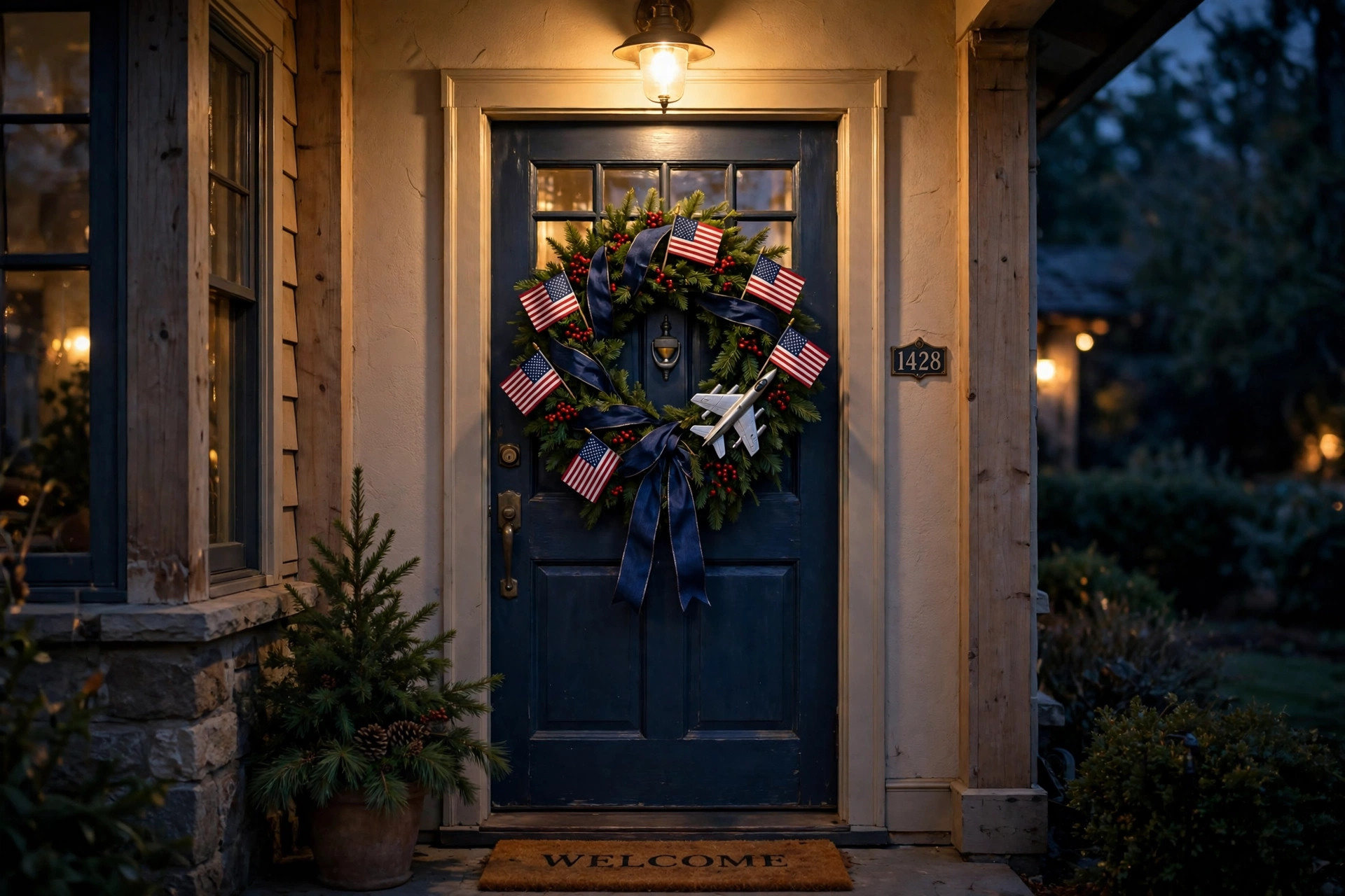 Patriotic Christmas wreath with navy ribbon, red berries and a silver jet ornament on a front door