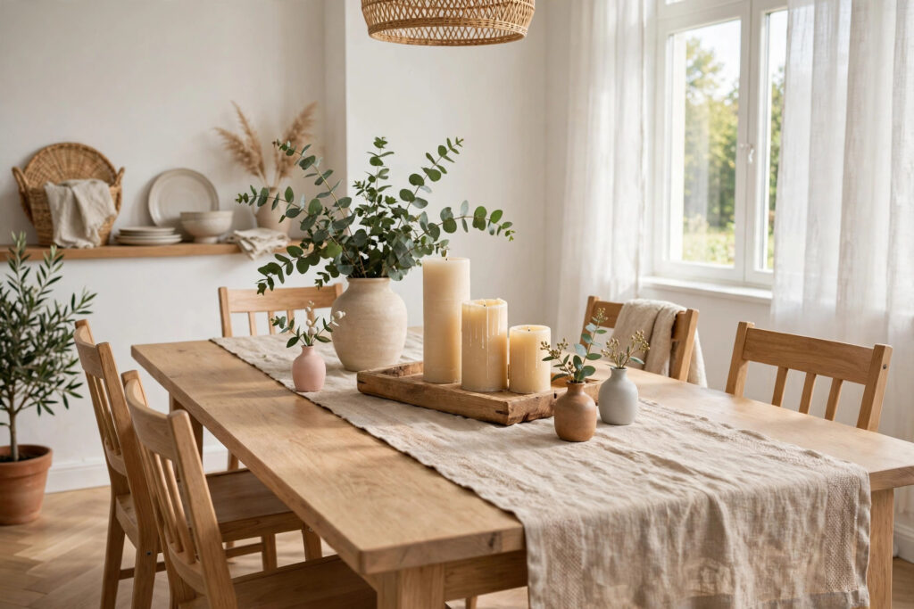 Dining table decor with a low wooden tray centerpiece, candles and greenery on a linen runner