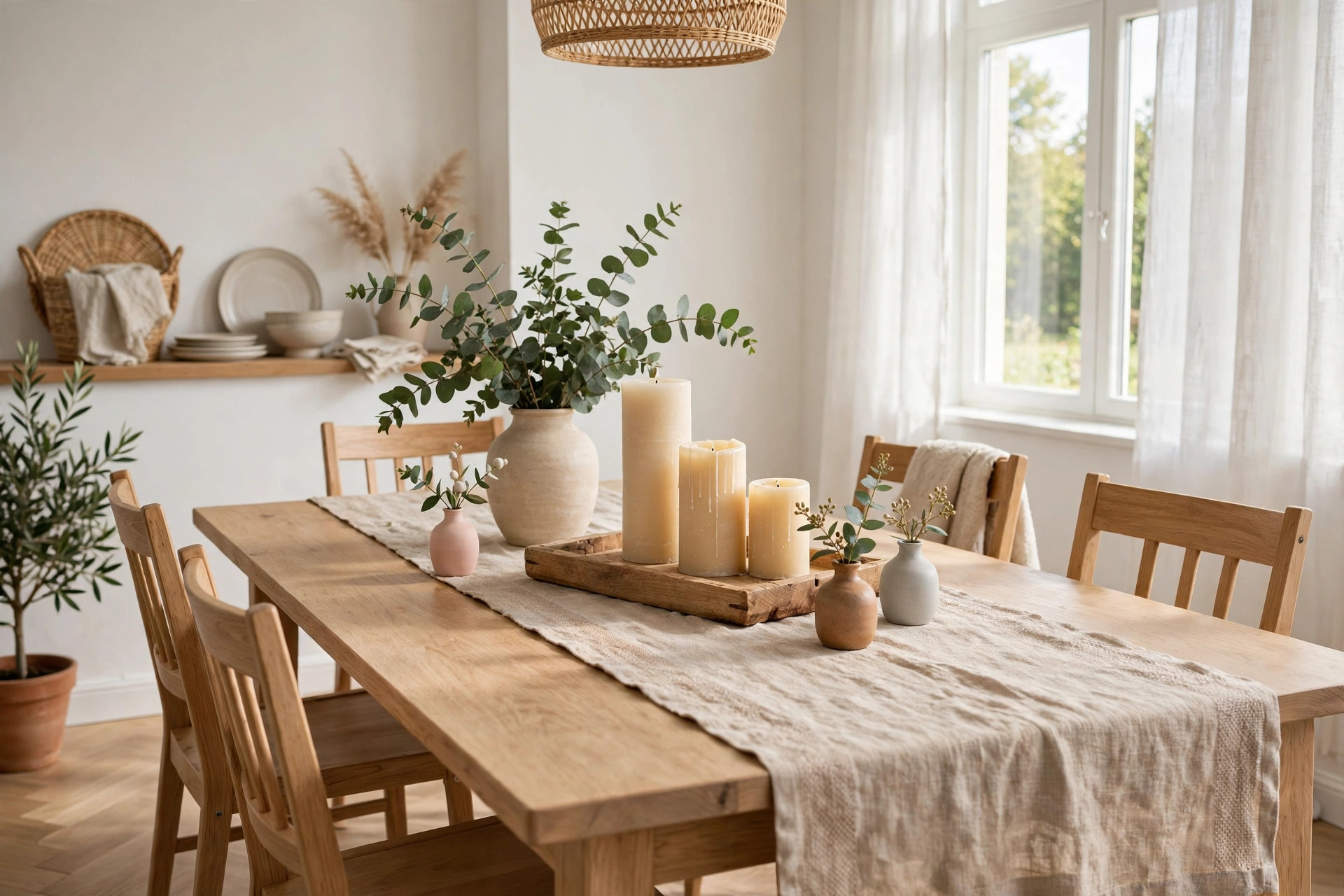 Dining table decor with a low wooden tray centerpiece, candles and greenery on a linen runner