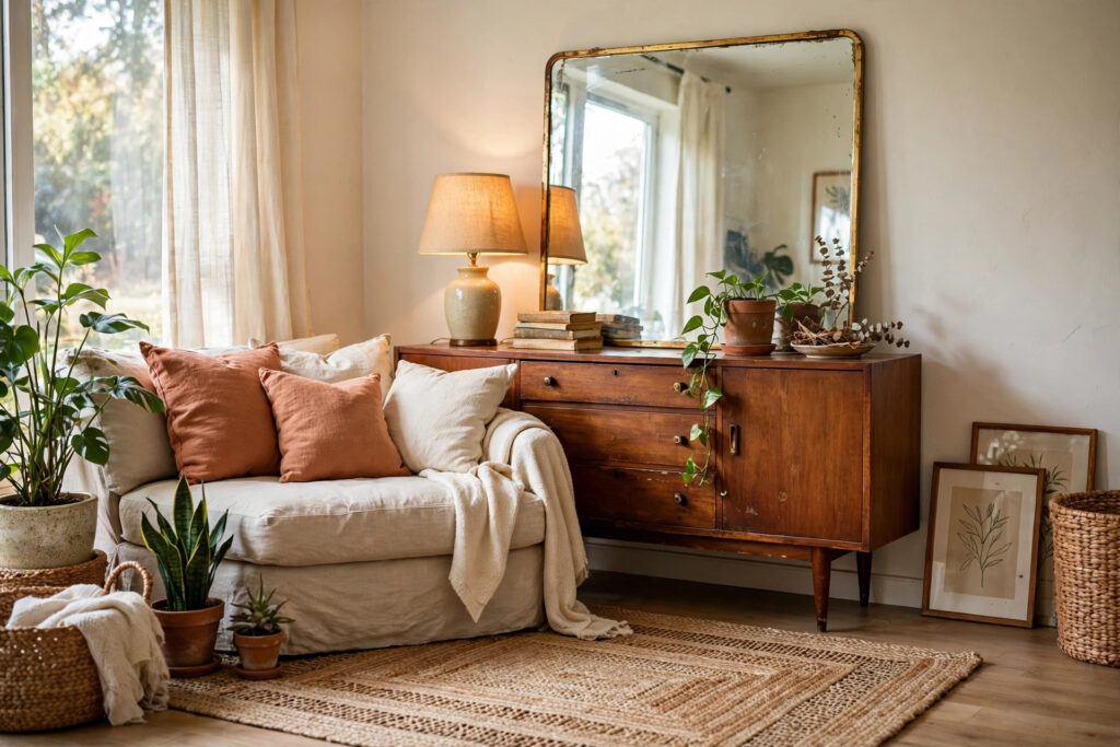 Style savings living room decorated on a budget with thrifted furniture and warm textiles