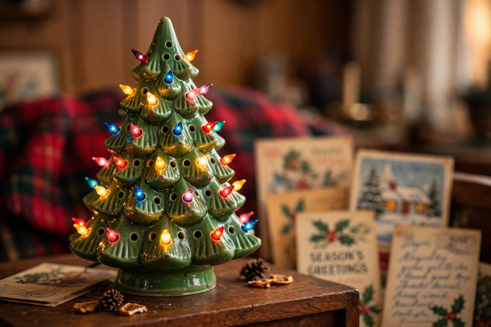 A glowing green ceramic Christmas tree, a classic vintage christmas decoration from the 1960s