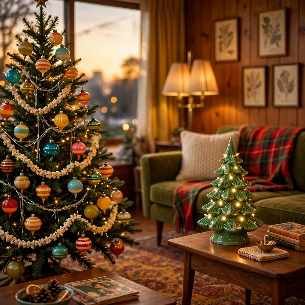 Vintage christmas decorations: a Christmas tree with colorful glass ornaments, tinsel and a glowing ceramic tree