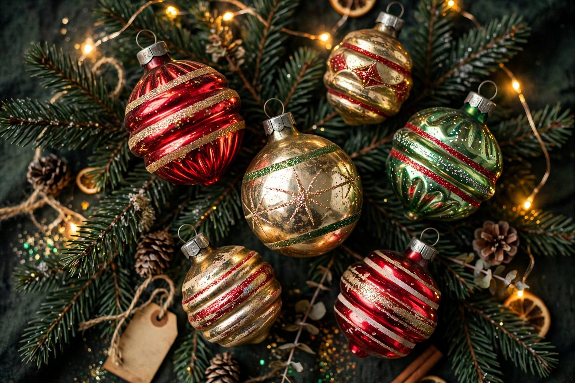 1950s vintage glass christmas ornaments in red, gold and green hanging on pine branches
