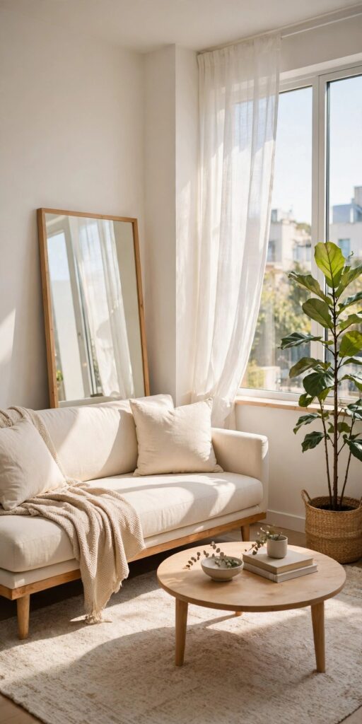 small apartment living room decor with a low cream sofa on a large rug, mirror and tall plant