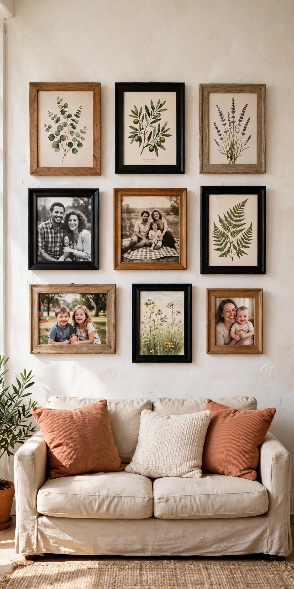 Budget gallery wall with thrifted frames above a sofa - an easy style savings idea