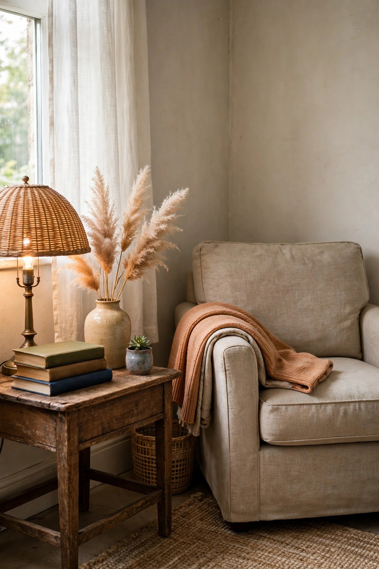 Thrifted side table vignette with a lamp, books and a ceramic vase - style savings in action