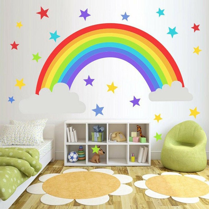wall decor for children's bedrooms with a rainbow decal and butterflies